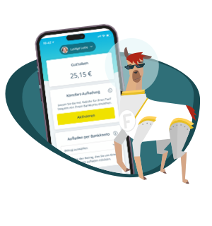 FONIC Weltraum-Lama neben einem großen Smartphone, auf dem die FONIC App zu sehen ist
