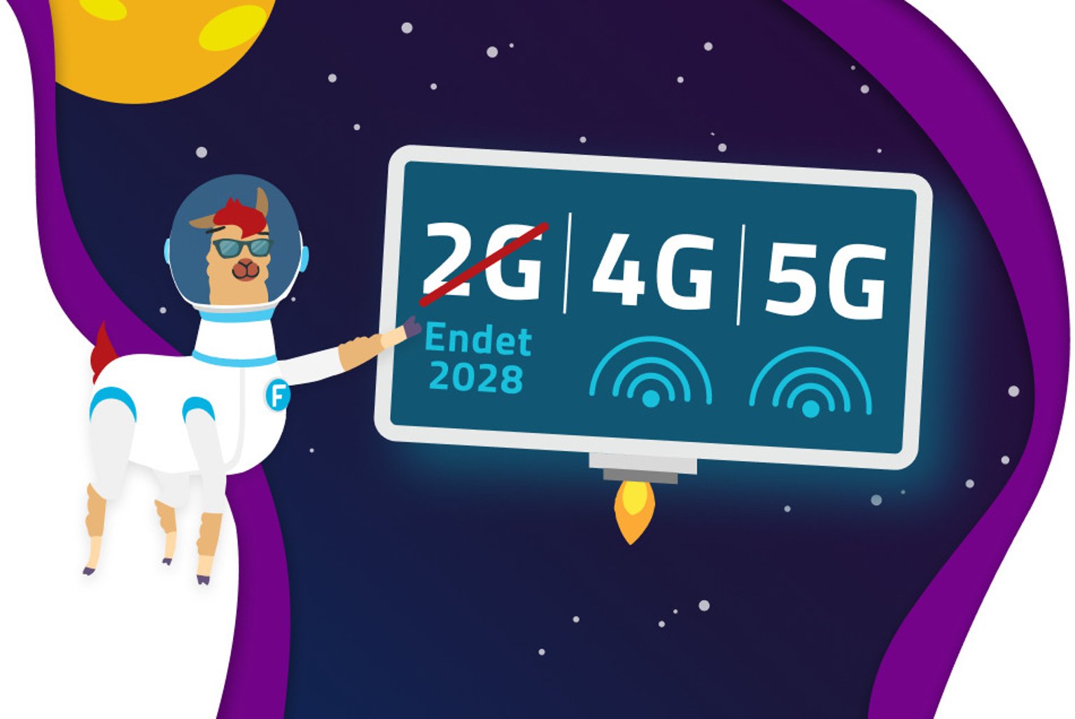 FONIC Lama im Raumanzug zeigt auf eine Tafel: 2G ist durchgestrichen und endet 2028, daneben 4G und 5G mit Funksymbolen.