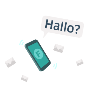 Handy, um das kleine Briefumschläge und eine Sprechblase mit "Hallo?" schweben