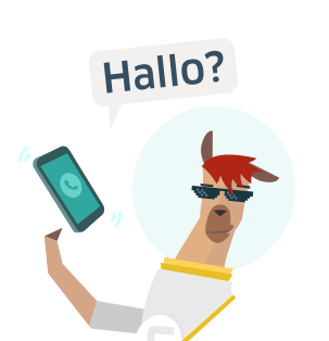 Lama mit einem Smartphone in der Hand, darüber eine "Hallo?"-Sprechblase