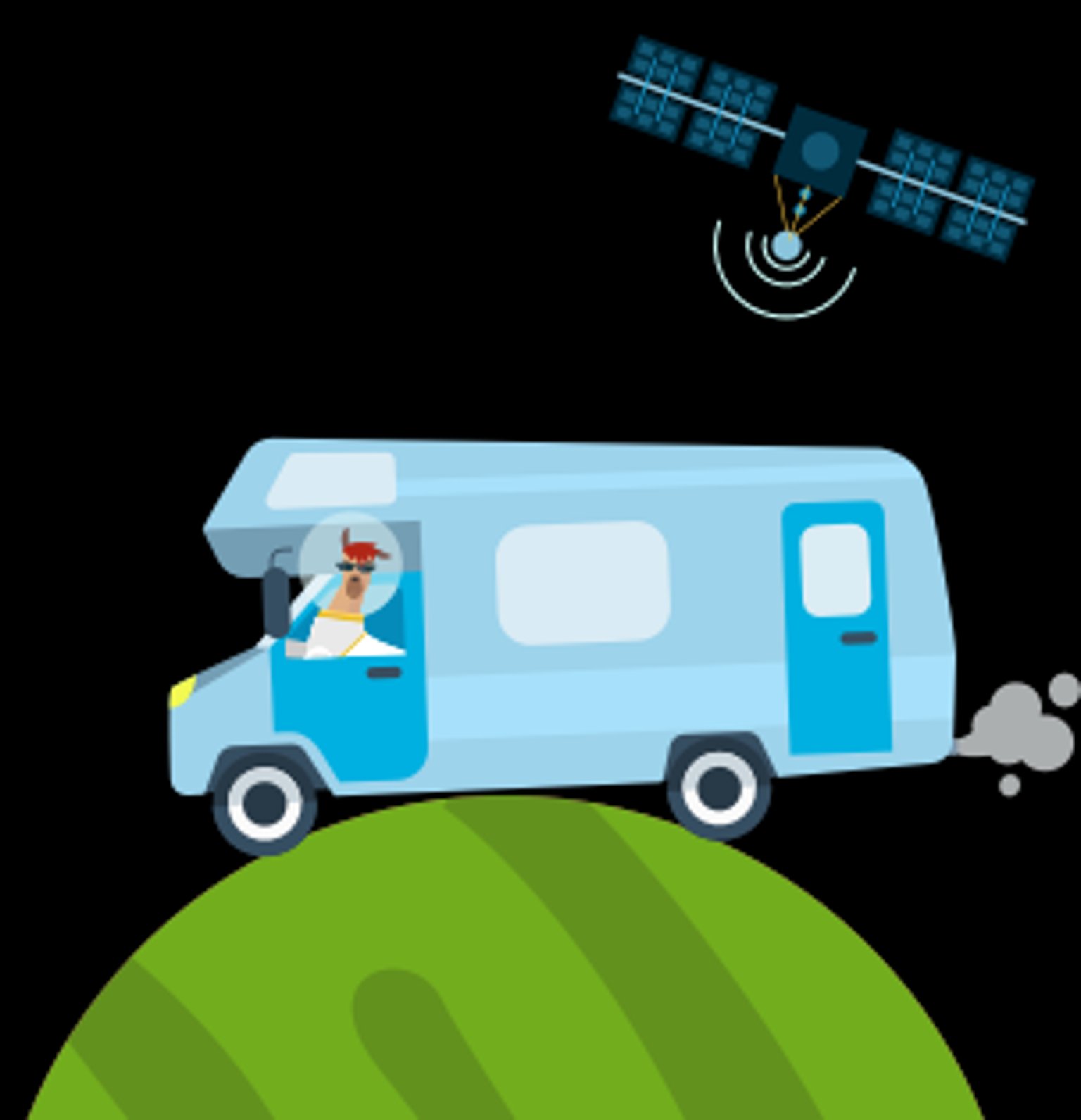 Lama in einem Wohnmobil, das über einen Planeten fährt. Ein Satellit schwebt darüber.