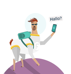 Weltraum-Lama mit Handy in der Hand auf einem Planeten. Aus dem Handy kommt die Sprechblase "Hallo?"