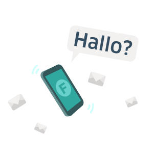 Handy, um das kleine Briefumschläge und eine Sprechblase mit "Hallo?" schweben
